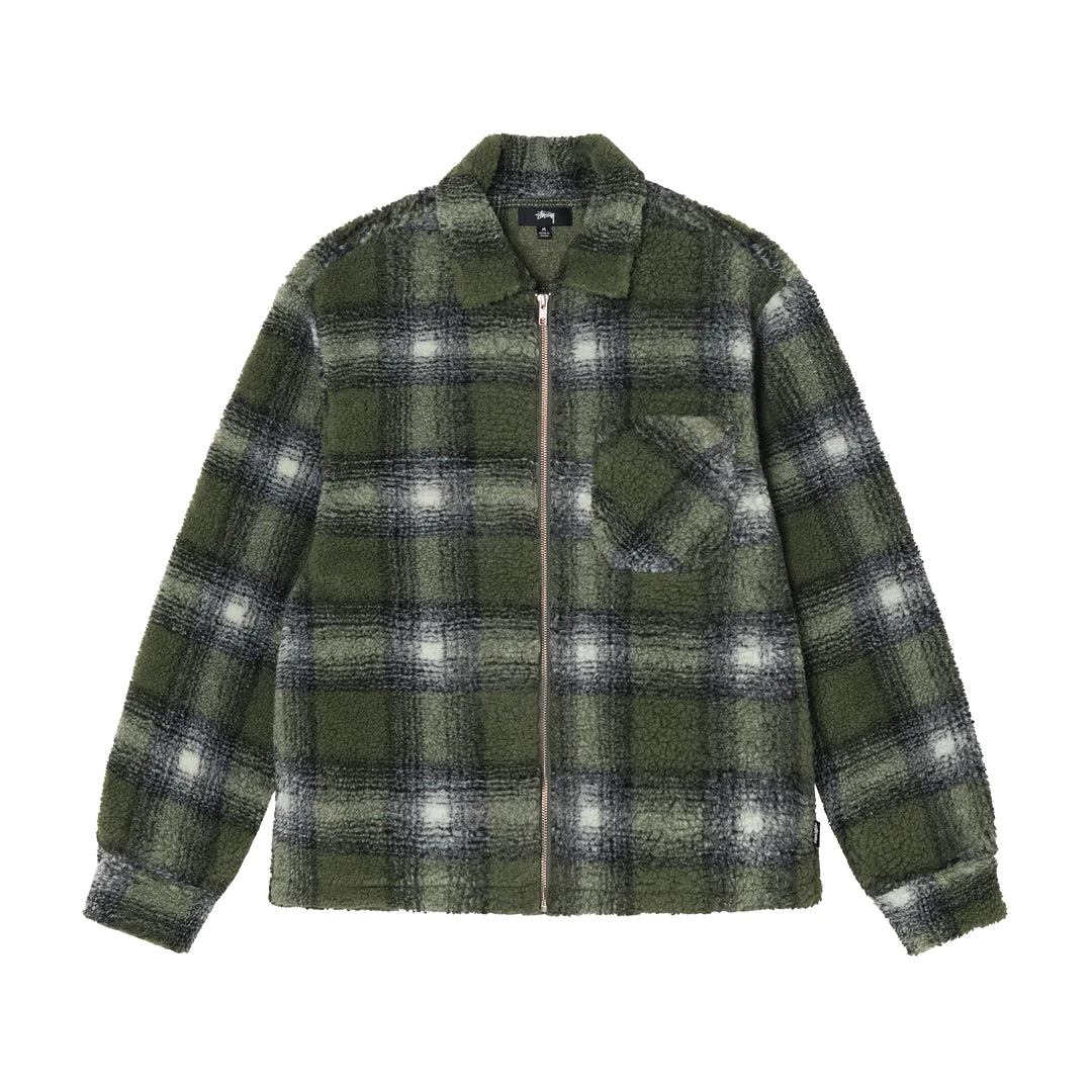 Shadow Plaid Sherpa Zip Shirt - Olive